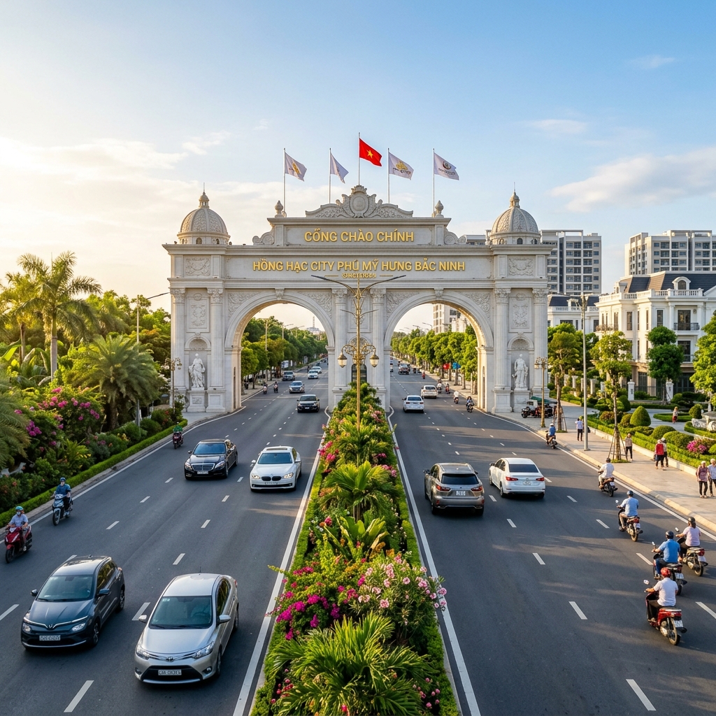 Cổng chào và trục đại lộ kết nối Quốc lộ 17 dẫn vào đại đô thị Hồng Hạc City